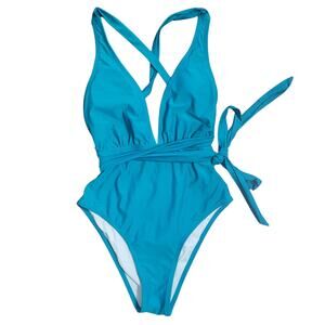 NWT Cupshe Teal Swimsuit One Piece Plunge Backless Self Tie Racerback Small